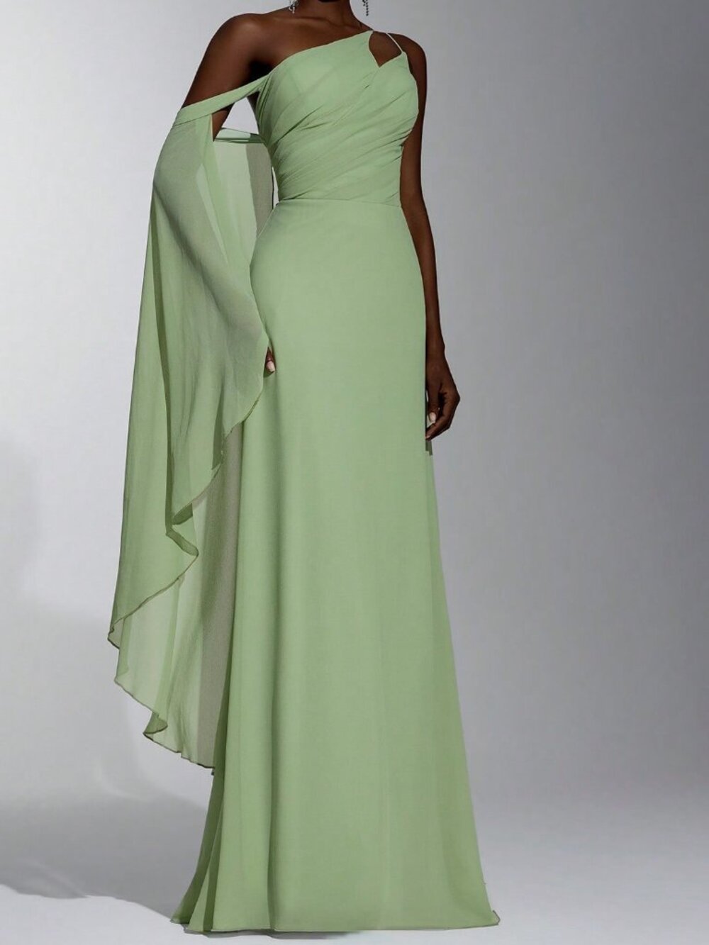 Green Women's Elegant Chiffon One-Shoulder Cape Sleeve Ruched A-Line Dress